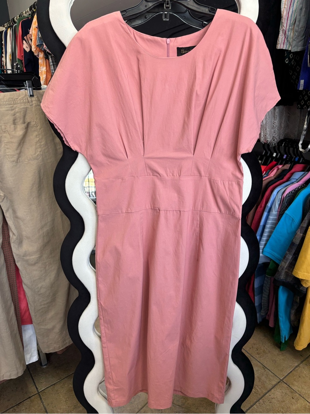 Pink Midi Sheath Dress with Short Sleeves